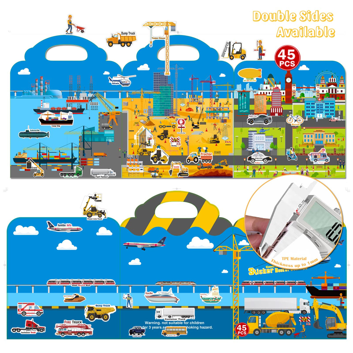 Cafalibe Reusable Sticker Book for Kids – 45 Vehicle 3D Jelly Stickers, Travel Activity