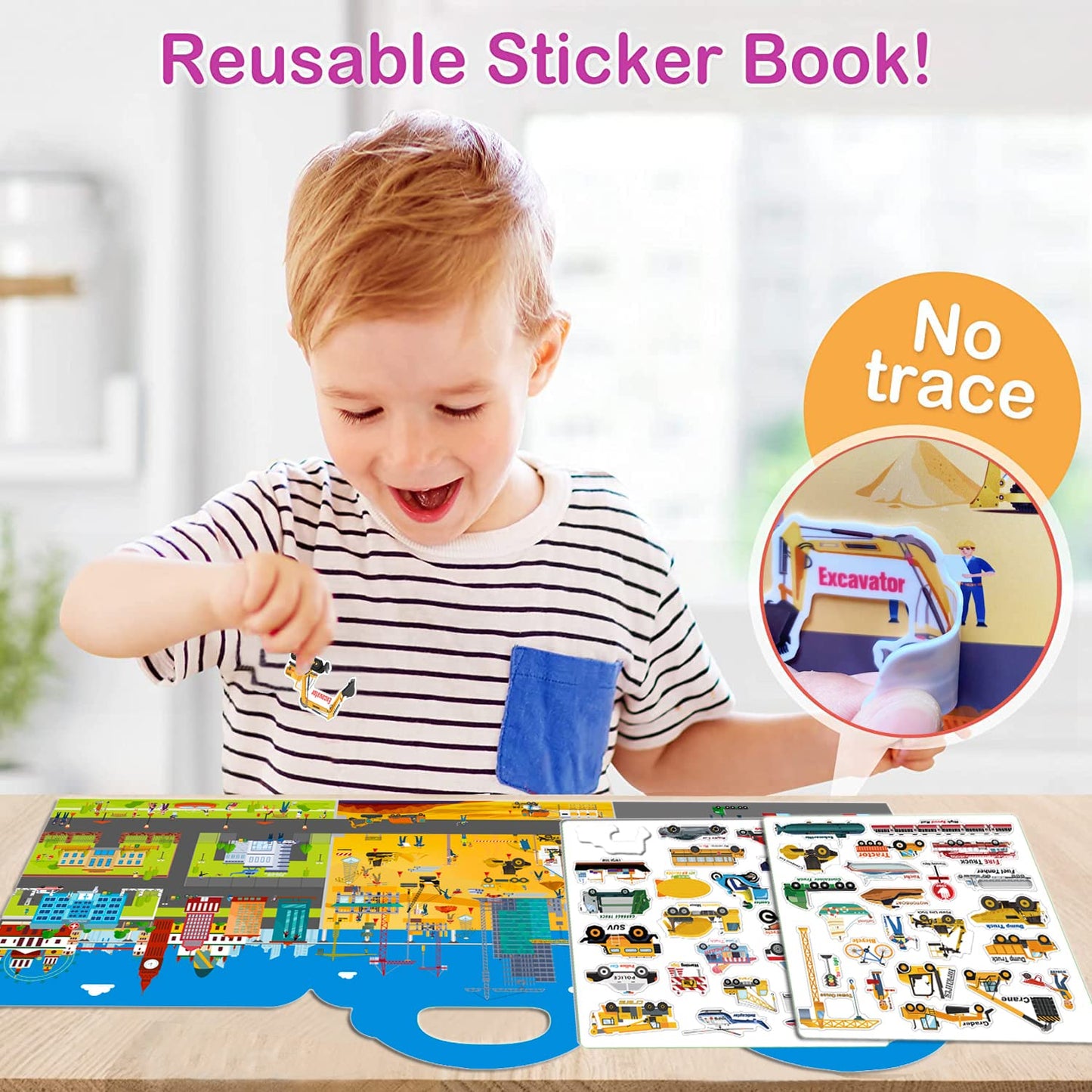 Cafalibe Reusable Sticker Book for Kids – 45 Vehicle 3D Jelly Stickers, Travel Activity