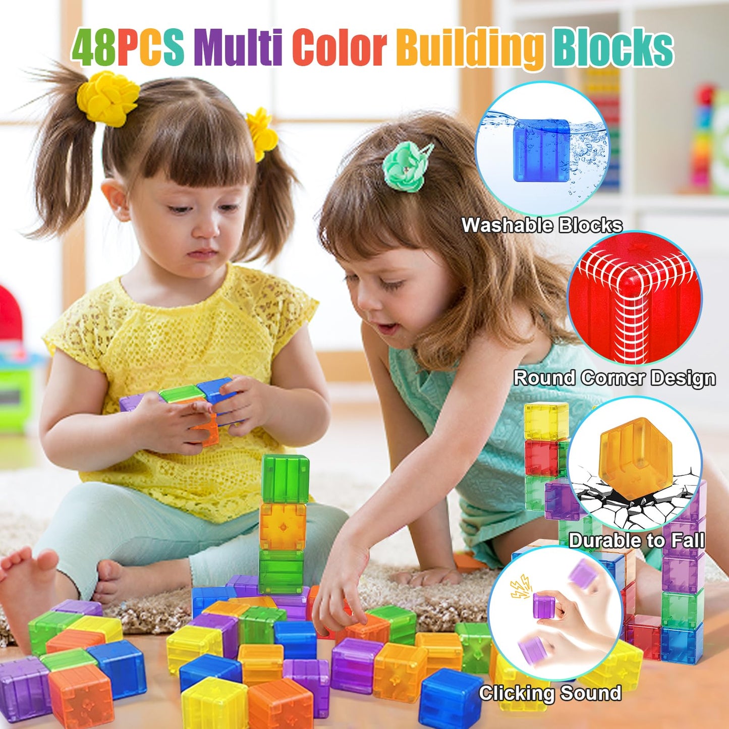 Caferria 48PCS Magnetic Blocks - 1.38-Inch Building Toys for Toddlers | STEM & Montessori