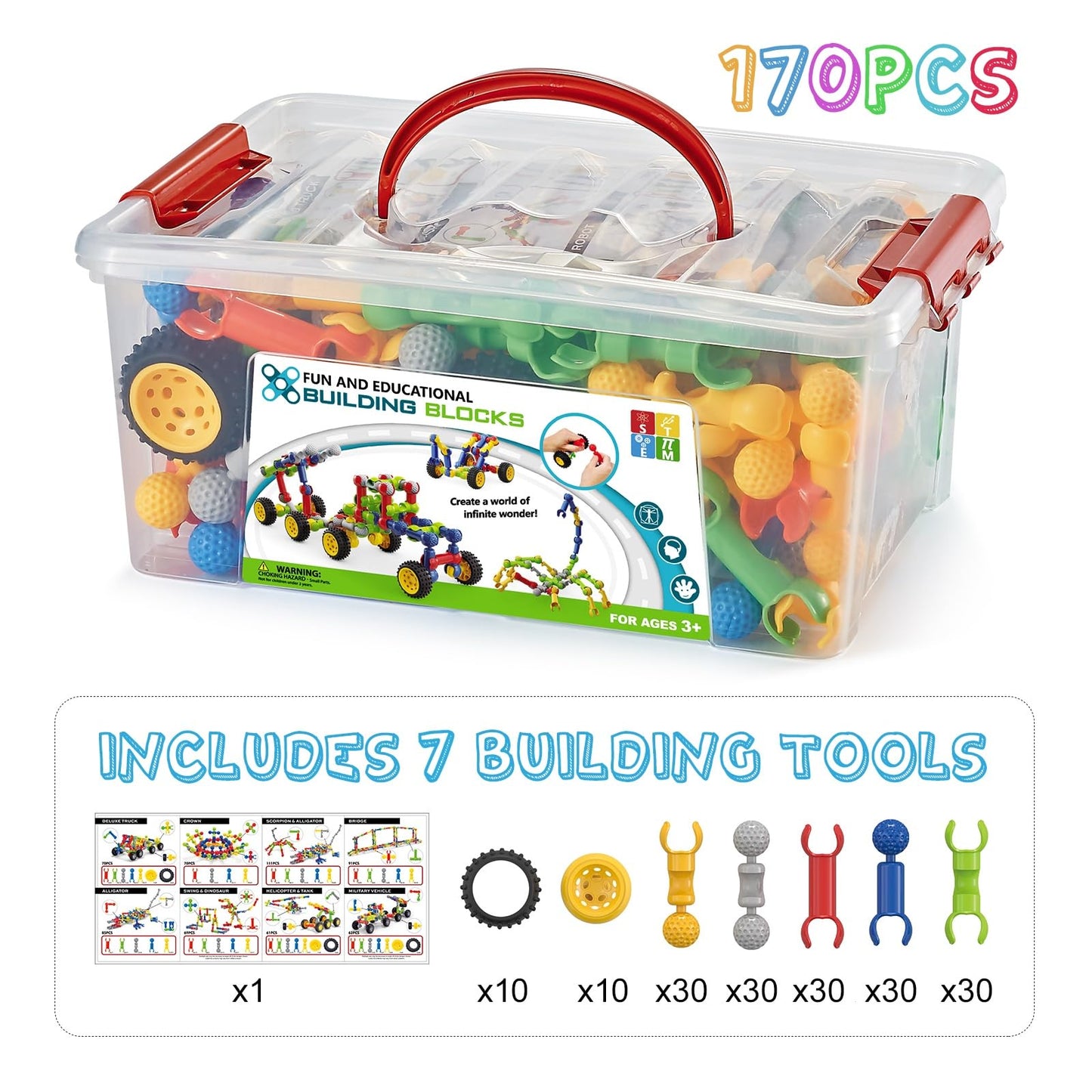 Caferria 170-Piece Building Toys for Kids 4-8 with Storage Box | STEM Blocks & Idea Guide