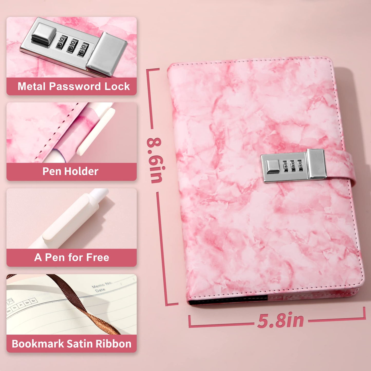 CAGIE 2 Pack Marble Diary with Lock for Girls and Women | Password Locked Journal, 192 Pages, A5 Purple Pink