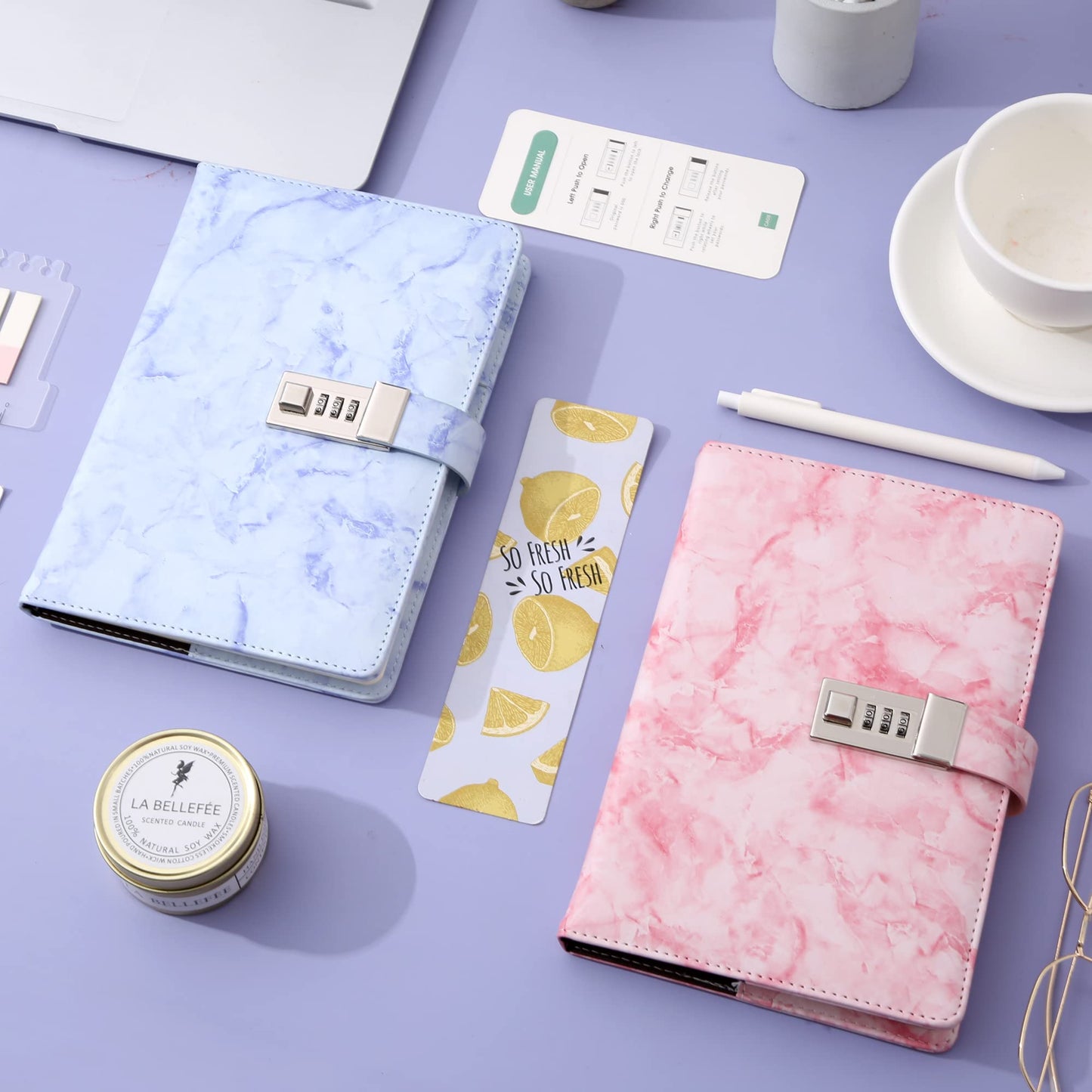 CAGIE 2 Pack Marble Diary with Lock for Girls and Women | Password Locked Journal, 192 Pages, A5 Purple Pink