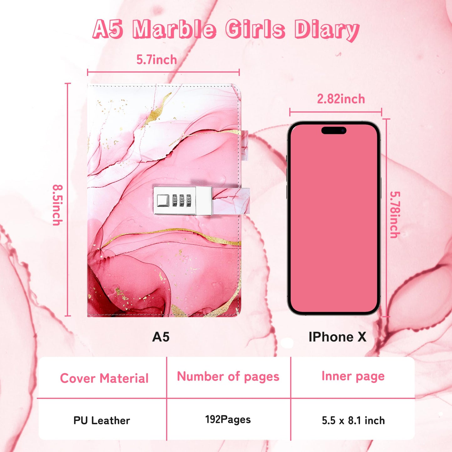 CAGIE Diary with Lock for Girls – A5 Refillable Locked Journal Kit, Pink