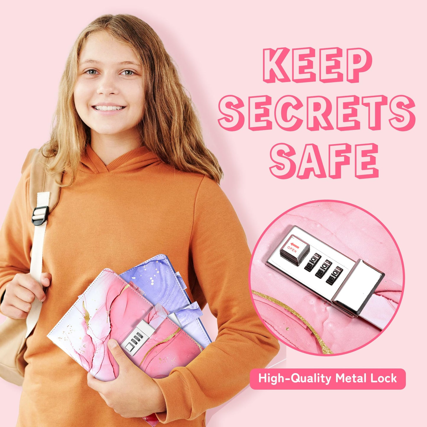 CAGIE Diary with Lock for Girls – A5 Refillable Locked Journal Kit, Pink