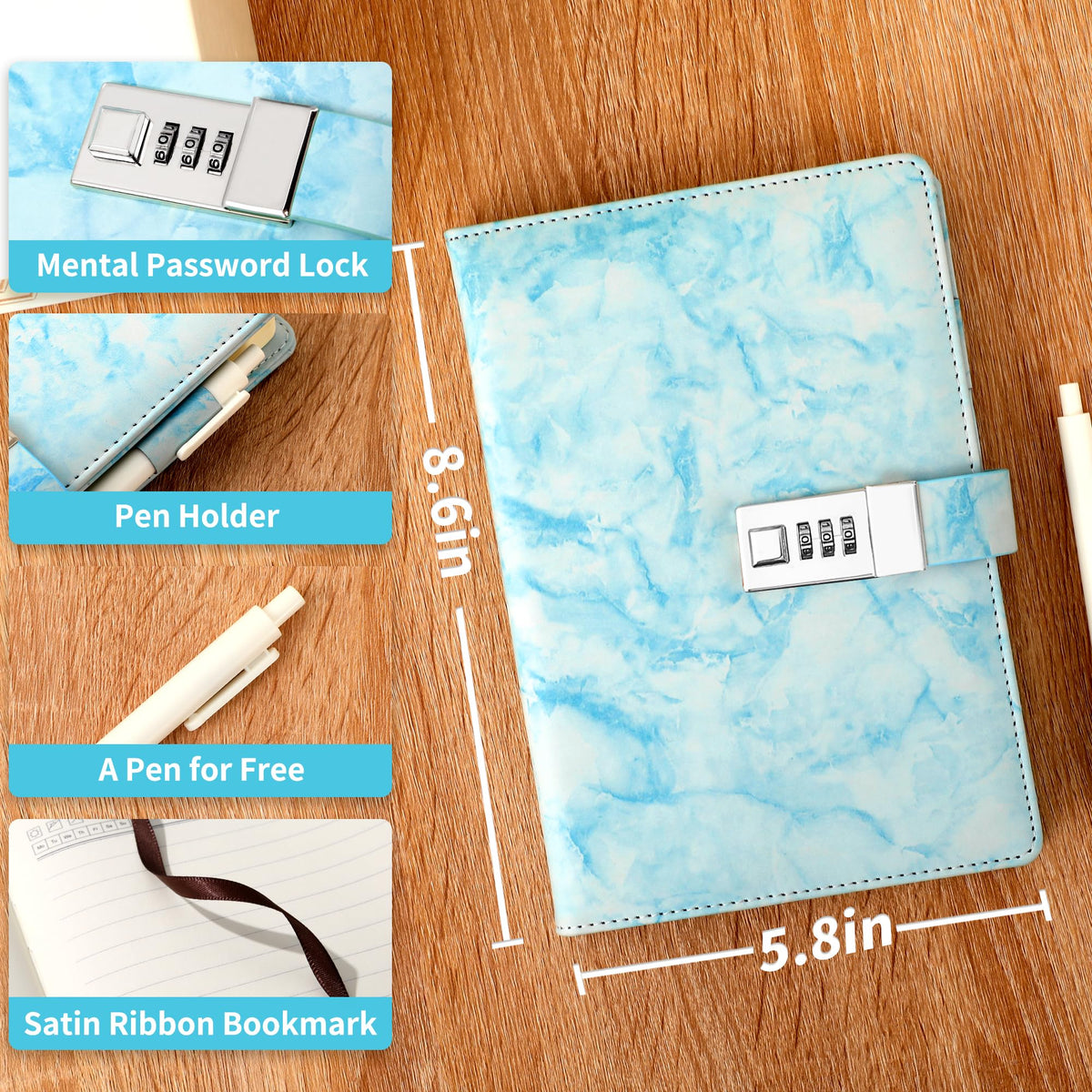 CAGIE Marble Diary with Lock – A5 Waterproof Locked Journal for Girls & Women, 192 Pages, Pen Included