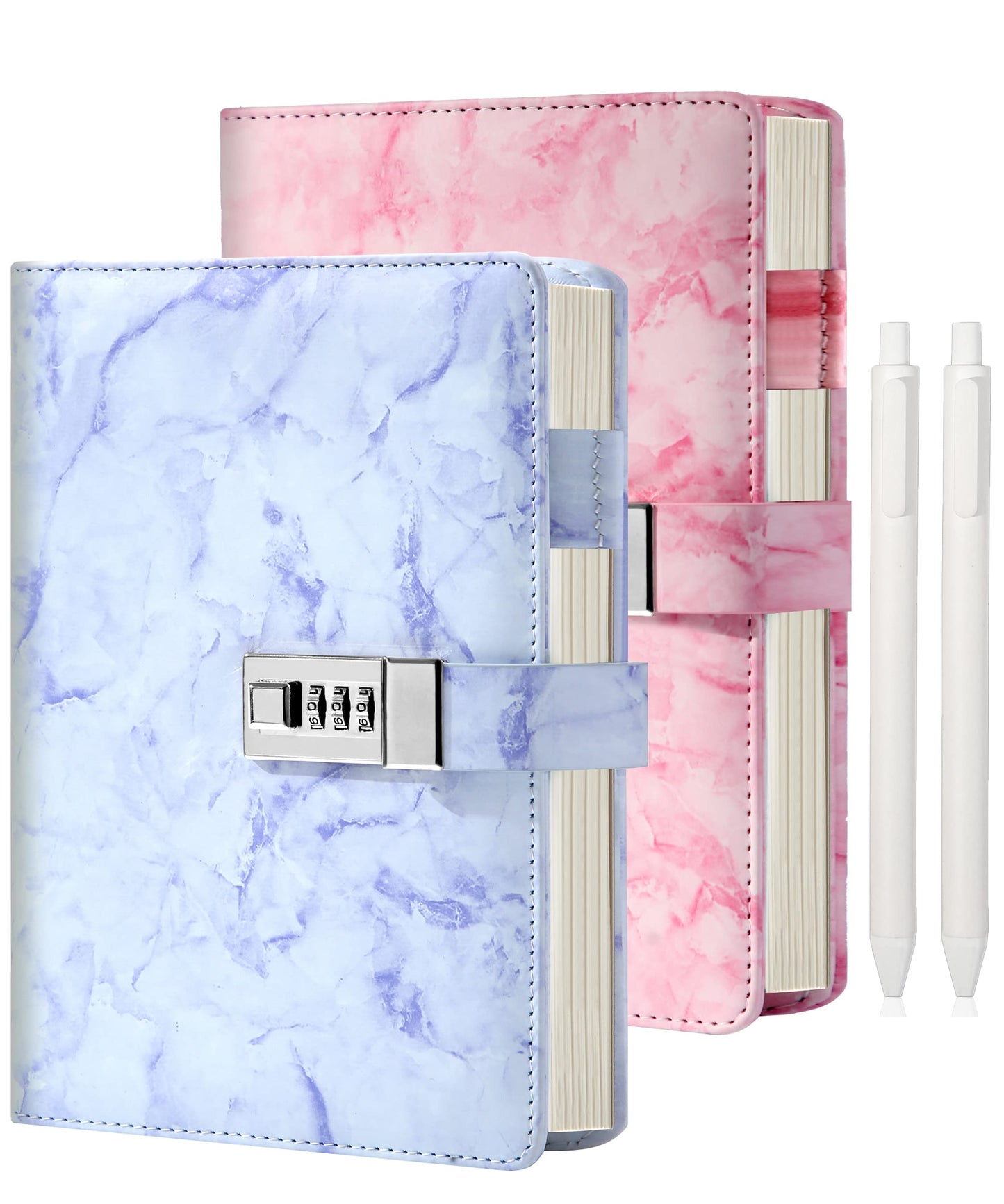 CAGIE 2 Pack Marble Diary with Lock for Girls and Women | Password Locked Journal, 192 Pages, A5 Purple Pink