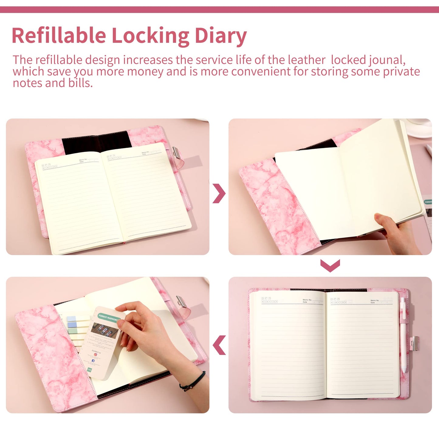 CAGIE Marble Diary with Lock – Pink A5, 192-Page Waterproof Password Journal
