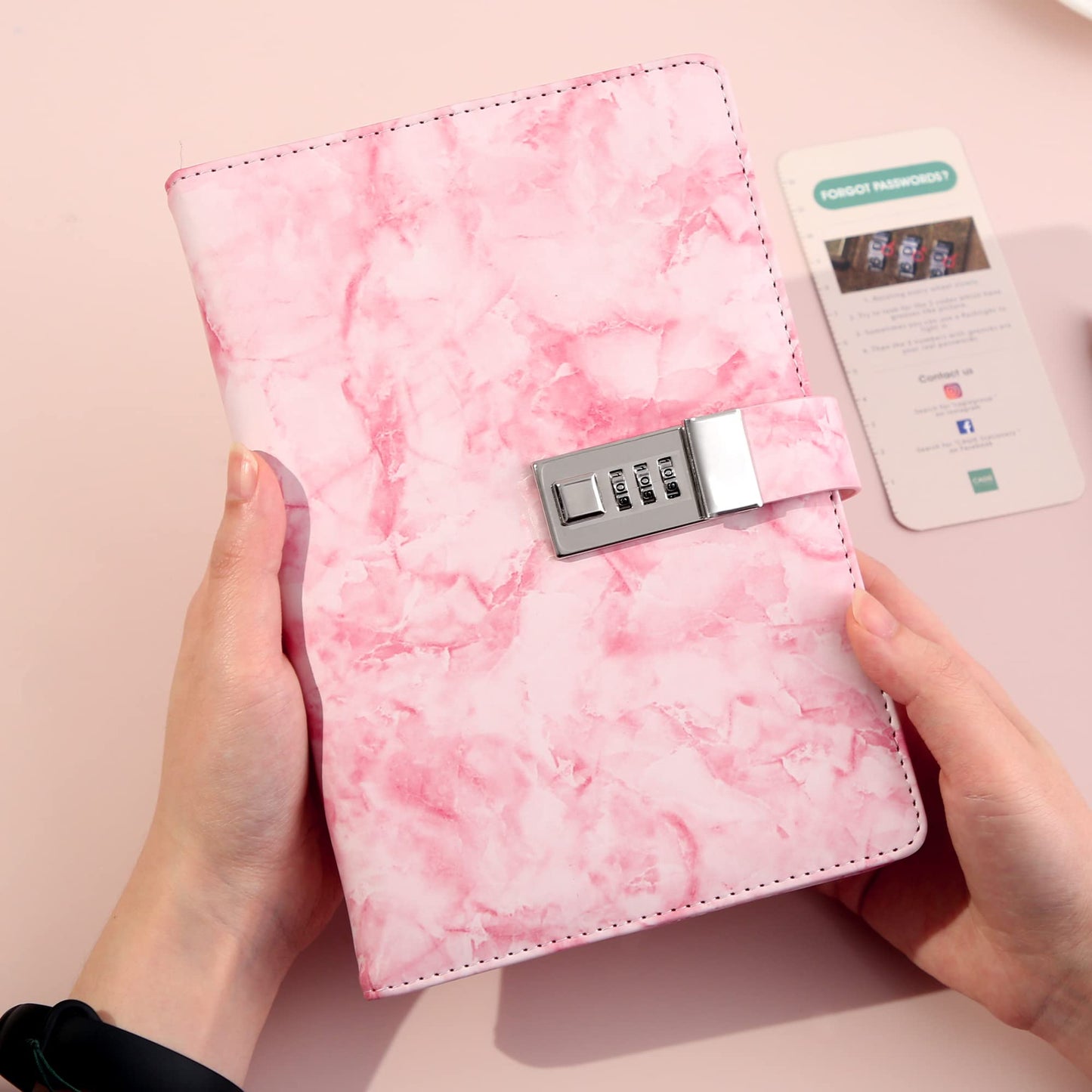CAGIE Marble Diary with Lock – Pink A5, 192-Page Waterproof Password Journal
