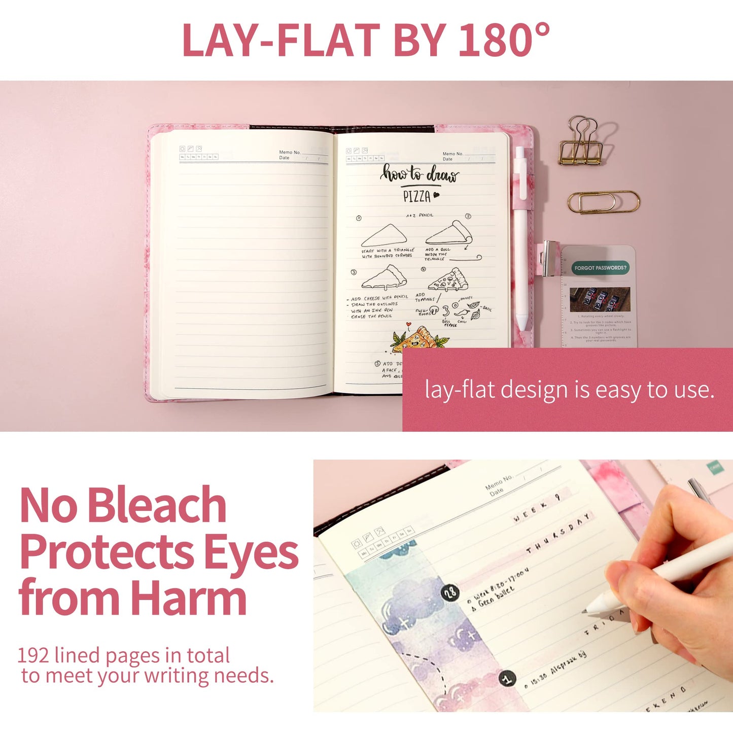 CAGIE Marble Diary with Lock – Pink A5, 192-Page Waterproof Password Journal