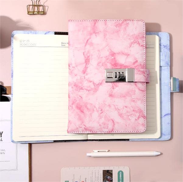 CAGIE 2 Pack Marble Diary with Lock for Girls and Women | Password Locked Journal, 192 Pages, A5 Purple Pink
