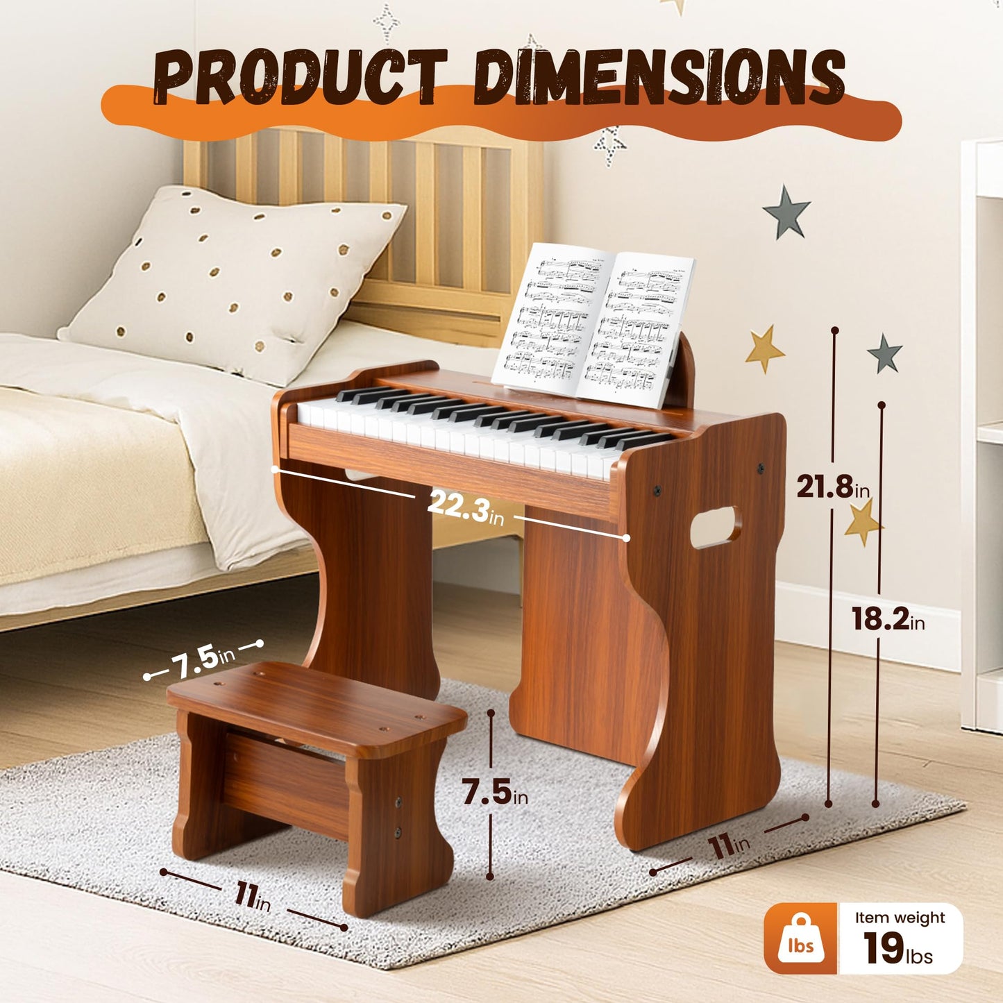 CAHAYA Kids Piano Keyboard Wooden – 37 Keys, 3 Octaves, Touch Controls, Safe MDF