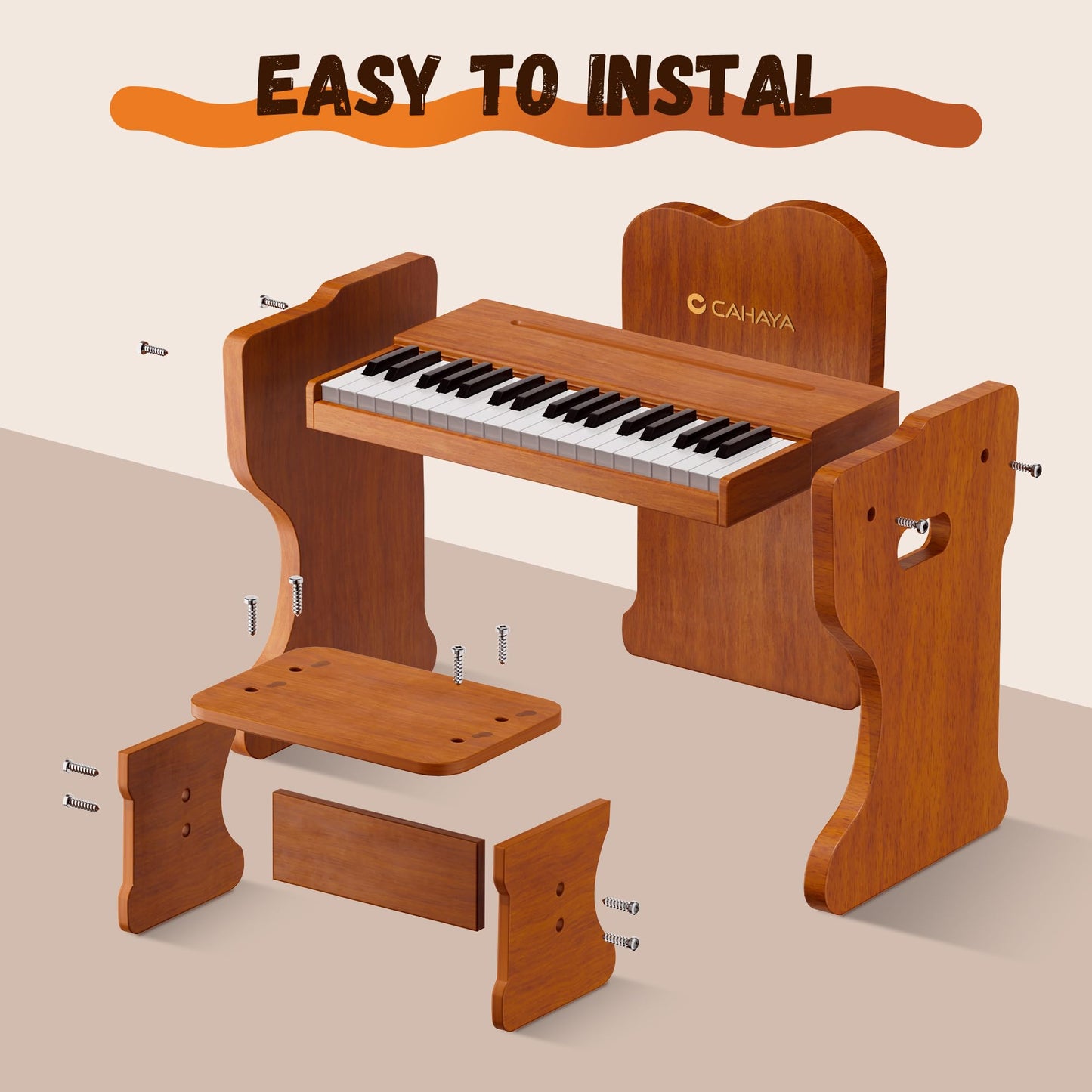 CAHAYA Kids Piano Keyboard Wooden – 37 Keys, 3 Octaves, Touch Controls, Safe MDF