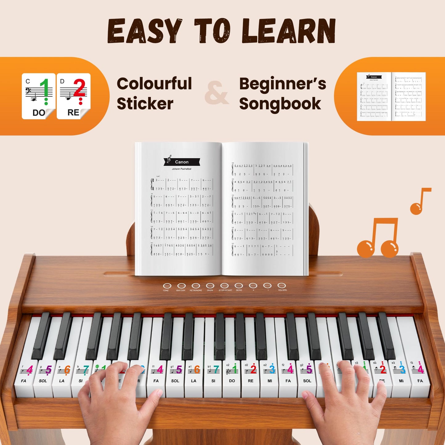 CAHAYA Kids Piano Keyboard Wooden – 37 Keys, 3 Octaves, Touch Controls, Safe MDF