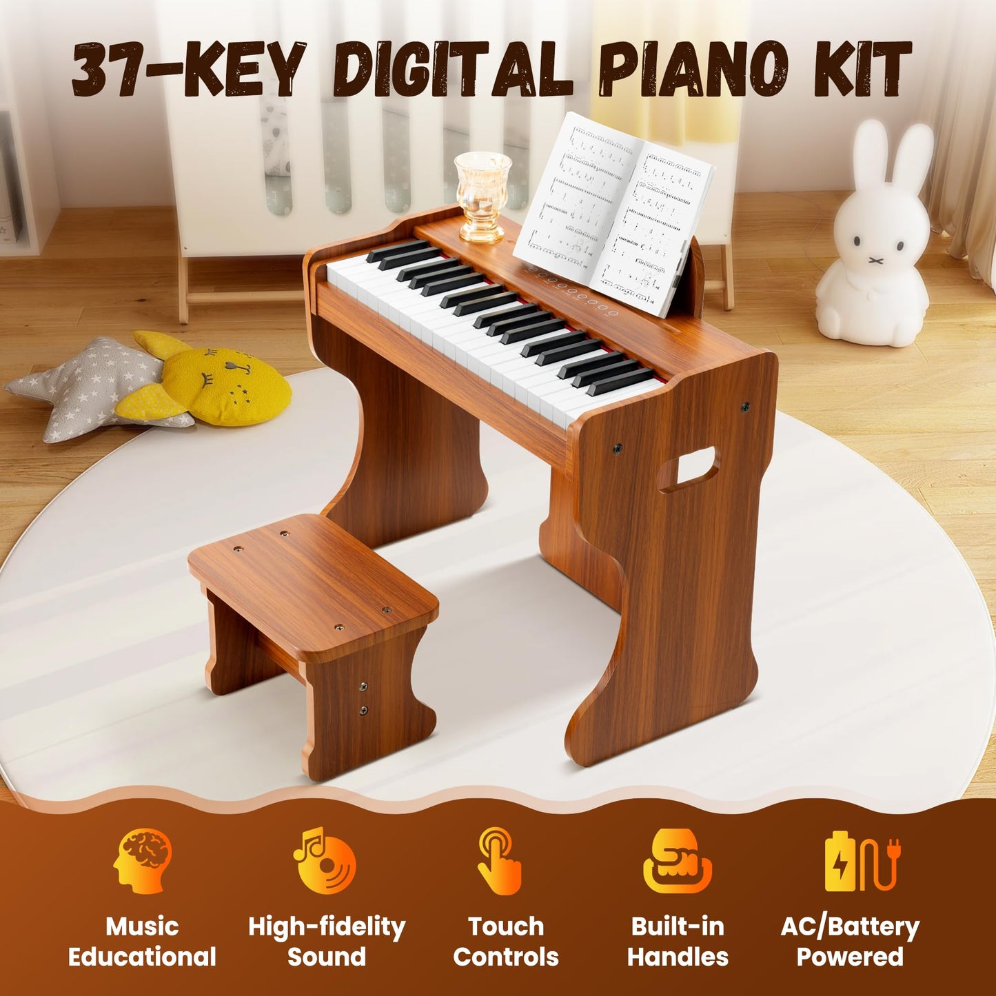 CAHAYA Kids Piano Keyboard Wooden – 37 Keys, 3 Octaves, Touch Controls, Safe MDF