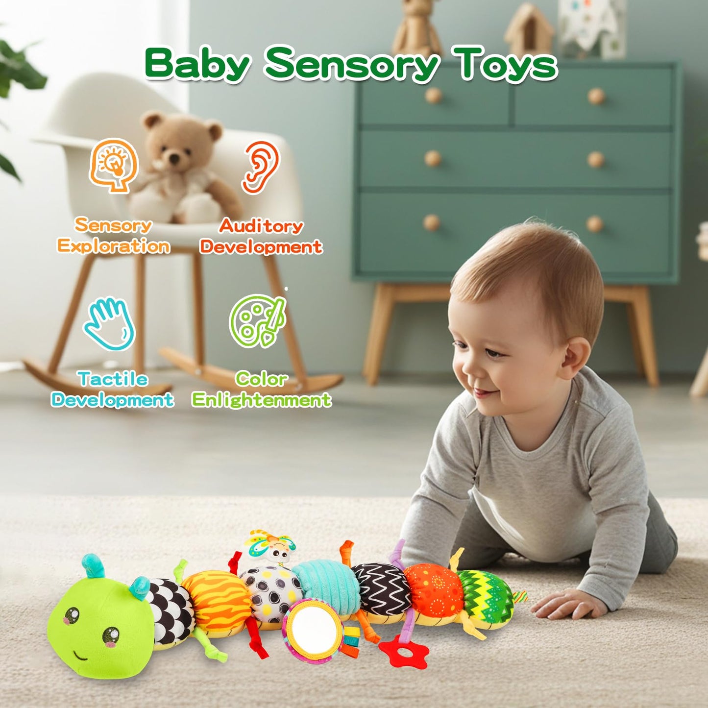 CAHILON Baby Toys Musical Caterpillar for 0-12 Months | Tummy Time, Mirror, Crinkle & Rattle