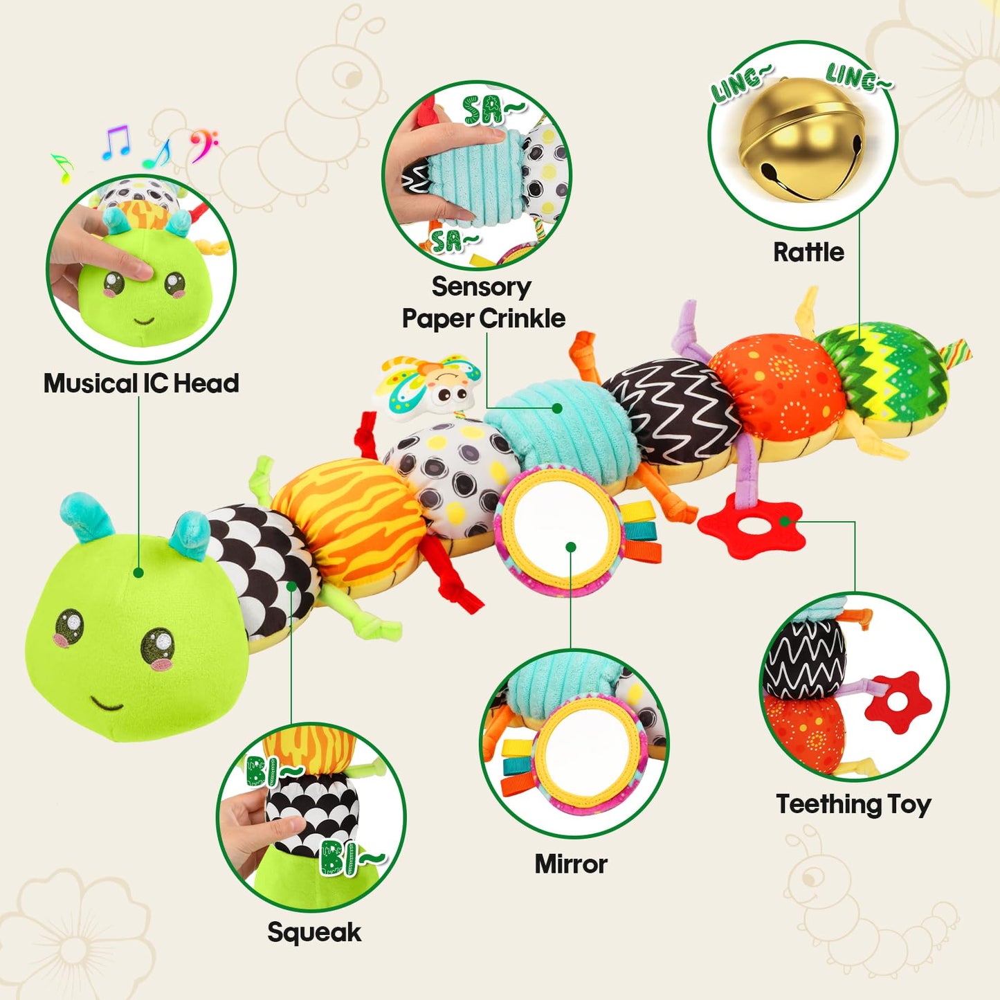 CAHILON Baby Toys Musical Caterpillar for 0-12 Months | Tummy Time, Mirror, Crinkle & Rattle