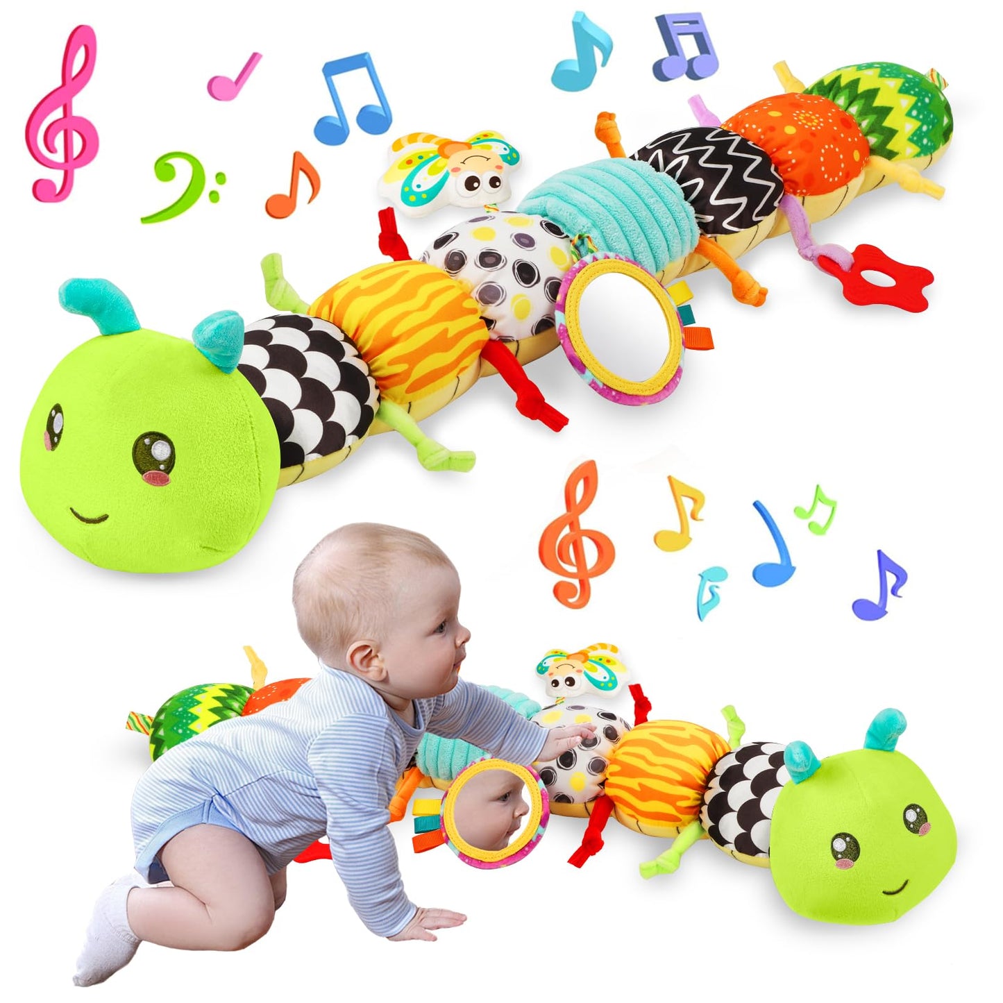 CAHILON Baby Toys Musical Caterpillar for 0-12 Months | Tummy Time, Mirror, Crinkle & Rattle