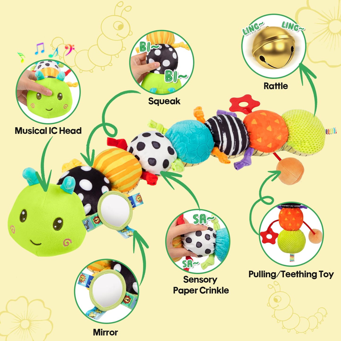 CAHILON Baby Sensory Toys 0-18 Months | 5-in-1 Musical Plush Caterpillar