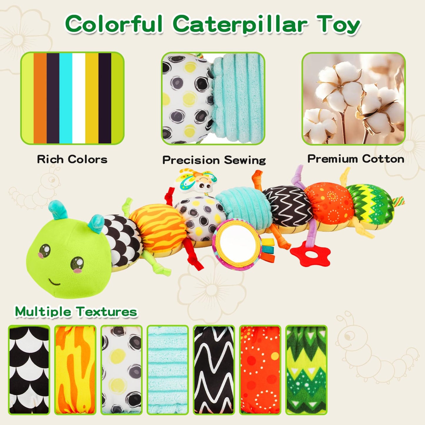 CAHILON Baby Toys Musical Caterpillar for 0-12 Months | Tummy Time, Mirror, Crinkle & Rattle