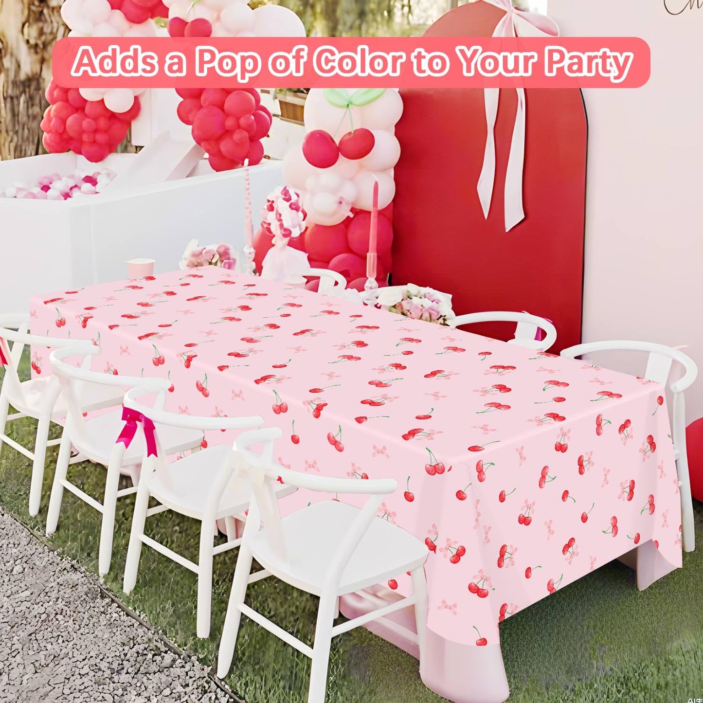 Caisehabu 3pc Cherry Birthday Tablecloths – 54 x 108 in Large Cherry & Bows Party Decor