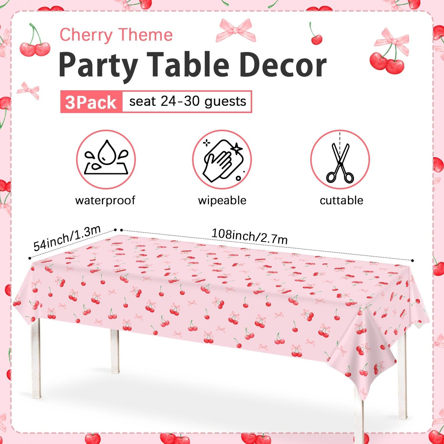 Caisehabu 3pc Cherry Birthday Tablecloths – 54 x 108 in Large Cherry & Bows Party Decor