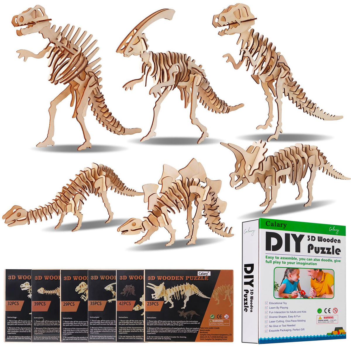 Calary 3D Wooden Dinosaur Puzzle — Set of 6 | DIY for Kids & Adults