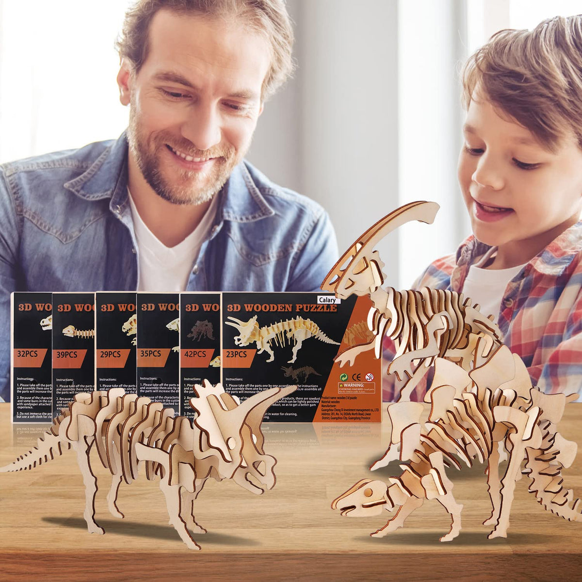 Calary 3D Wooden Dinosaur Puzzle — Set of 6 | DIY for Kids & Adults