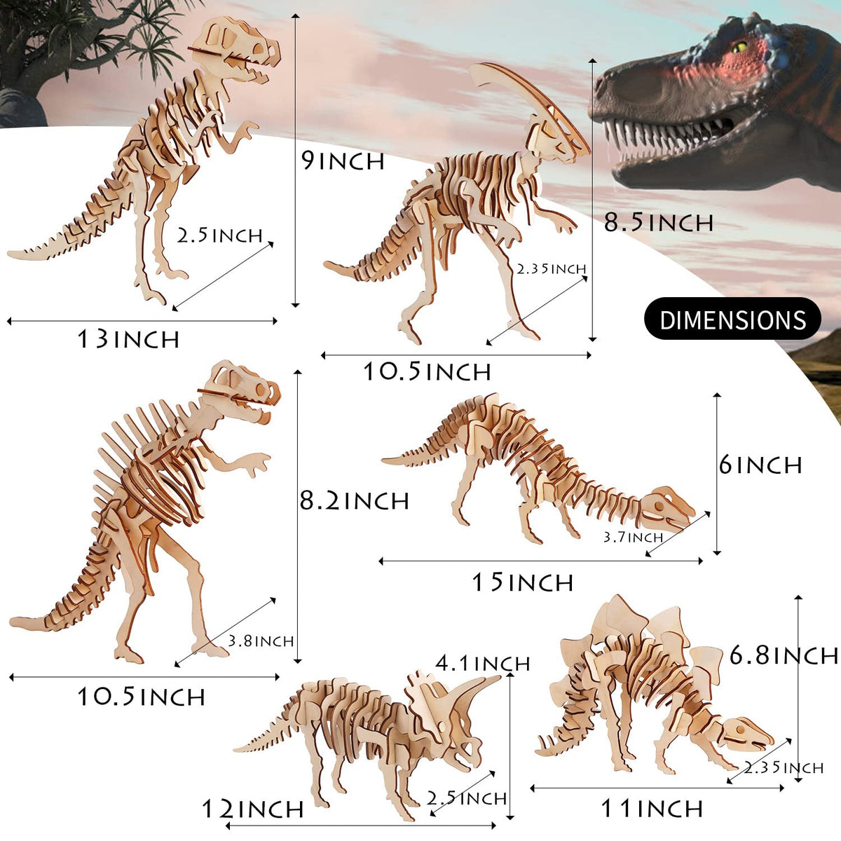 Calary 3D Wooden Dinosaur Puzzle — Set of 6 | DIY for Kids & Adults