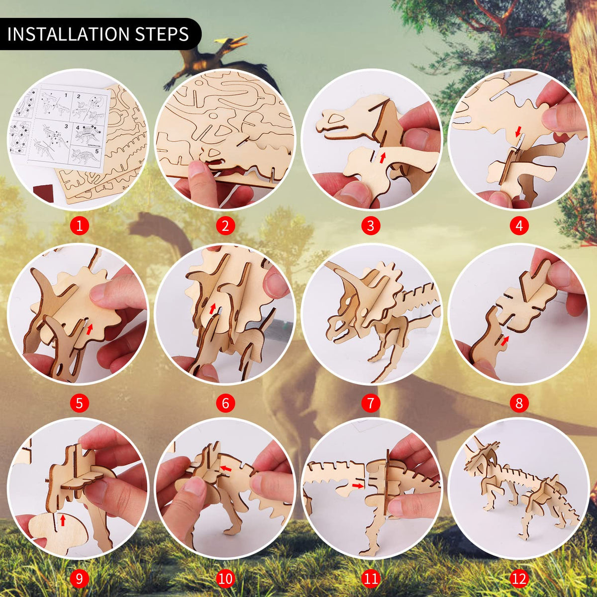 Calary 3D Wooden Dinosaur Puzzle — Set of 6 | DIY for Kids & Adults