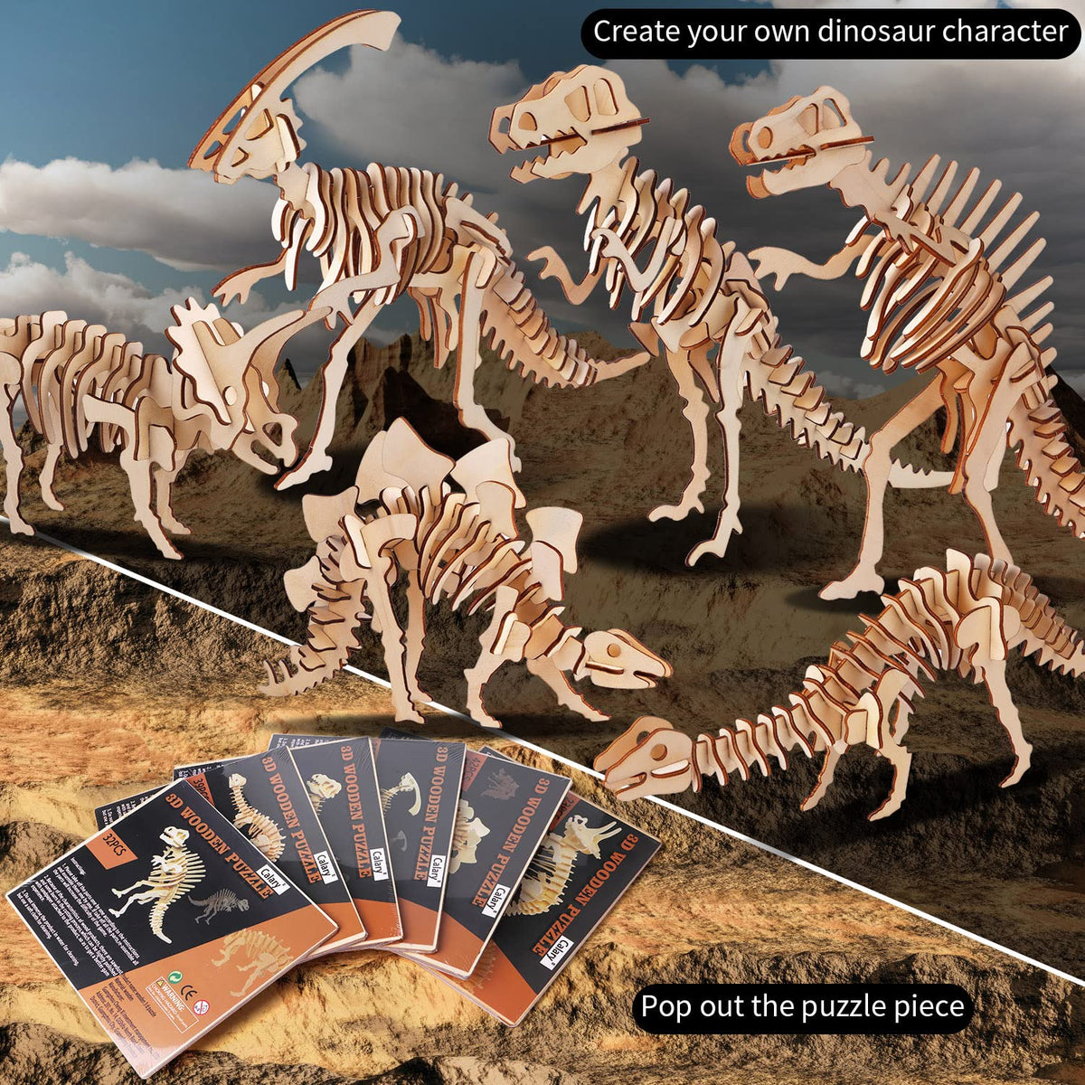 Calary 3D Wooden Dinosaur Puzzle — Set of 6 | DIY for Kids & Adults