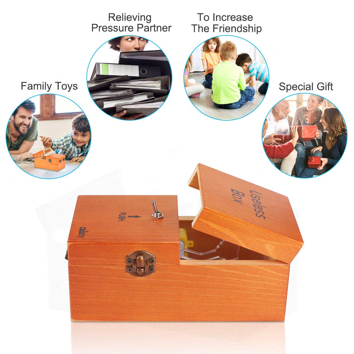 Calary Useless Box – Fully Assembled Wooden Box with Push Button (Brown)
