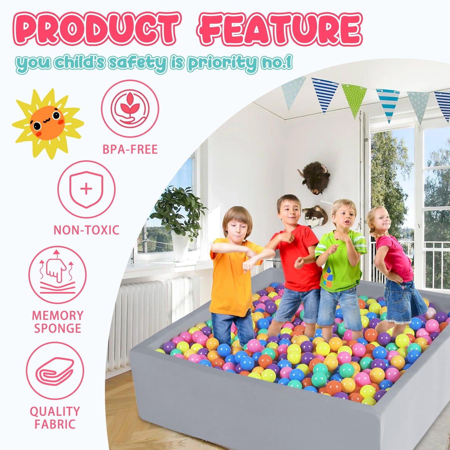 CALEPTONG Foam Ball Pit for Toddlers — Large 47.2 in Square Play Area