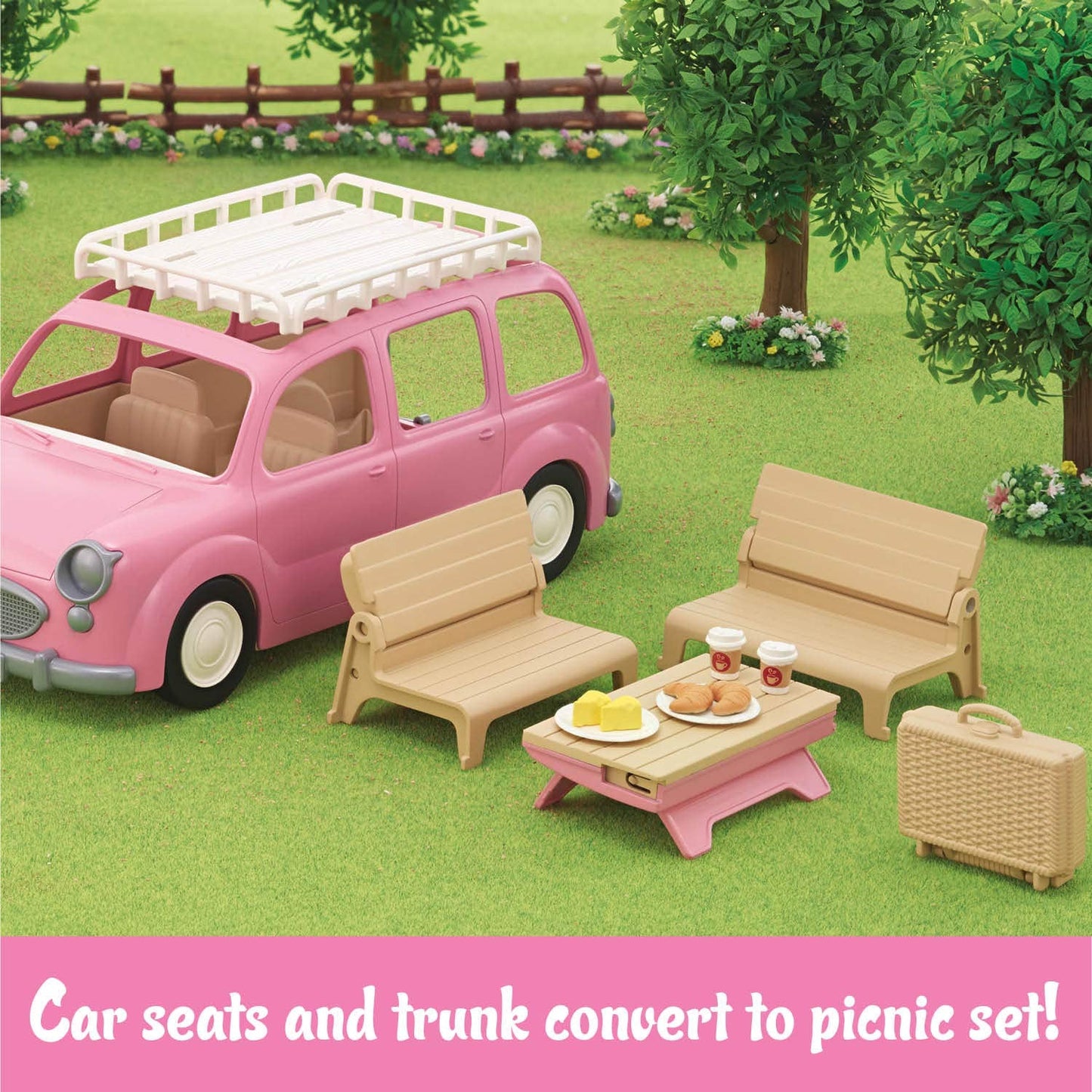 Calico Critters Family Picnic Van for Dolls – Seats Up to 10 Figures | Pink Toy Vehicle