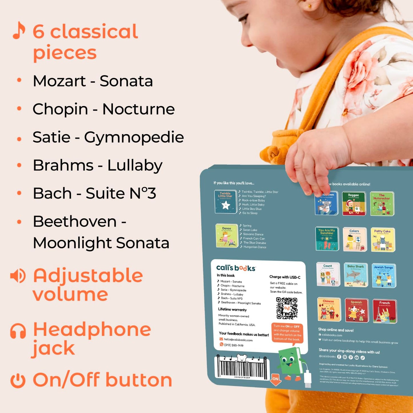 Cali's Books Bedtime Musical Book for Babies & Toddlers (1-3) | USB-C Rechargeable, Headphone Jack, 6 Classical Pieces