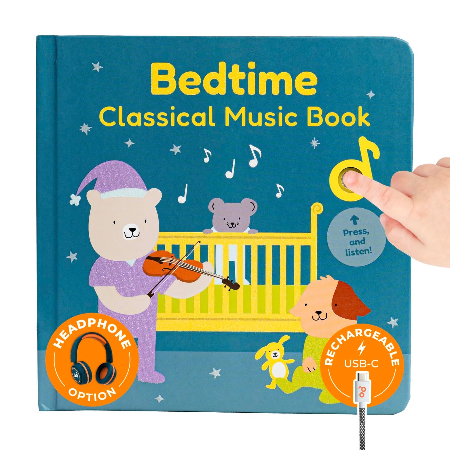 Cali's Books Bedtime Musical Book for Babies & Toddlers (1-3) | USB-C Rechargeable, Headphone Jack, 6 Classical Pieces