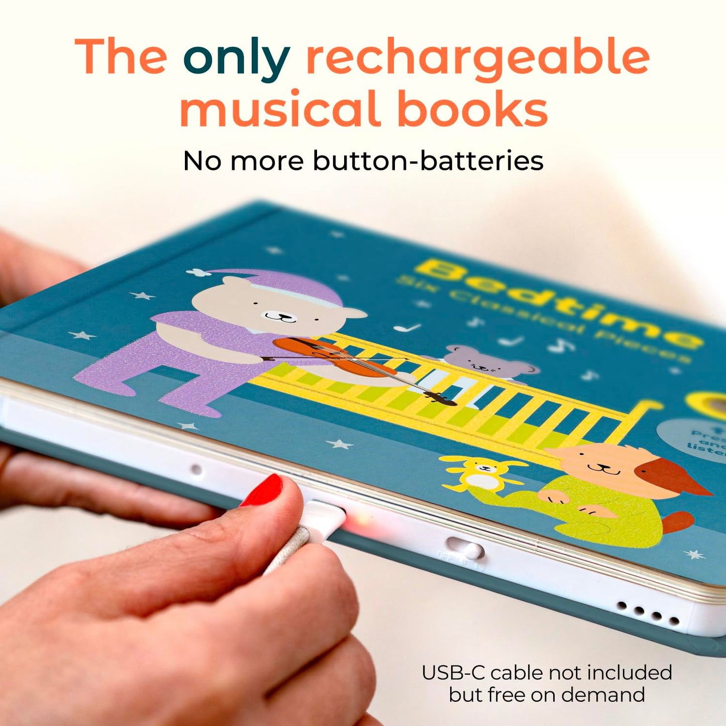 Cali's Books Bedtime Musical Book for Babies & Toddlers (1-3) | USB-C Rechargeable, Headphone Jack, 6 Classical Pieces