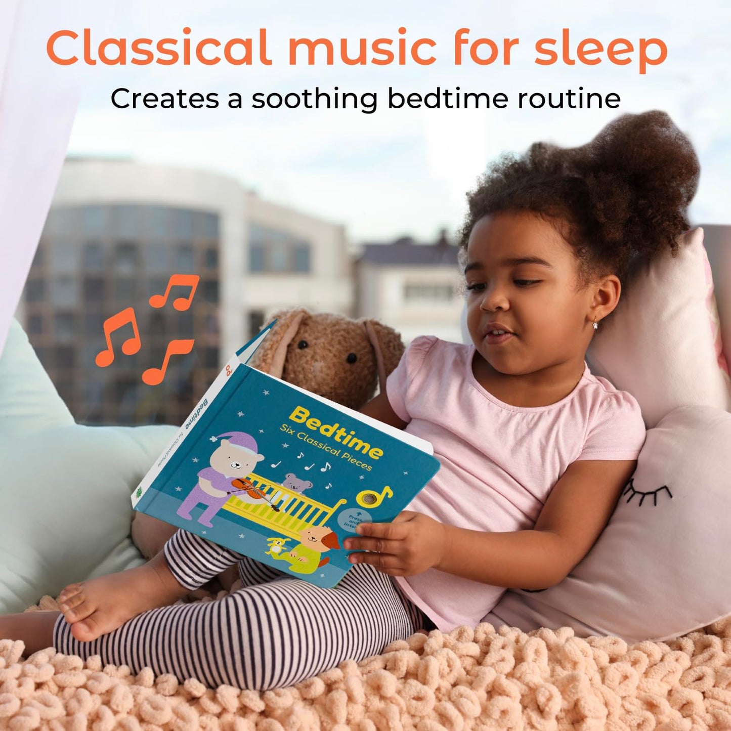 Cali's Books Bedtime Musical Book for Babies & Toddlers (1-3) | USB-C Rechargeable, Headphone Jack, 6 Classical Pieces
