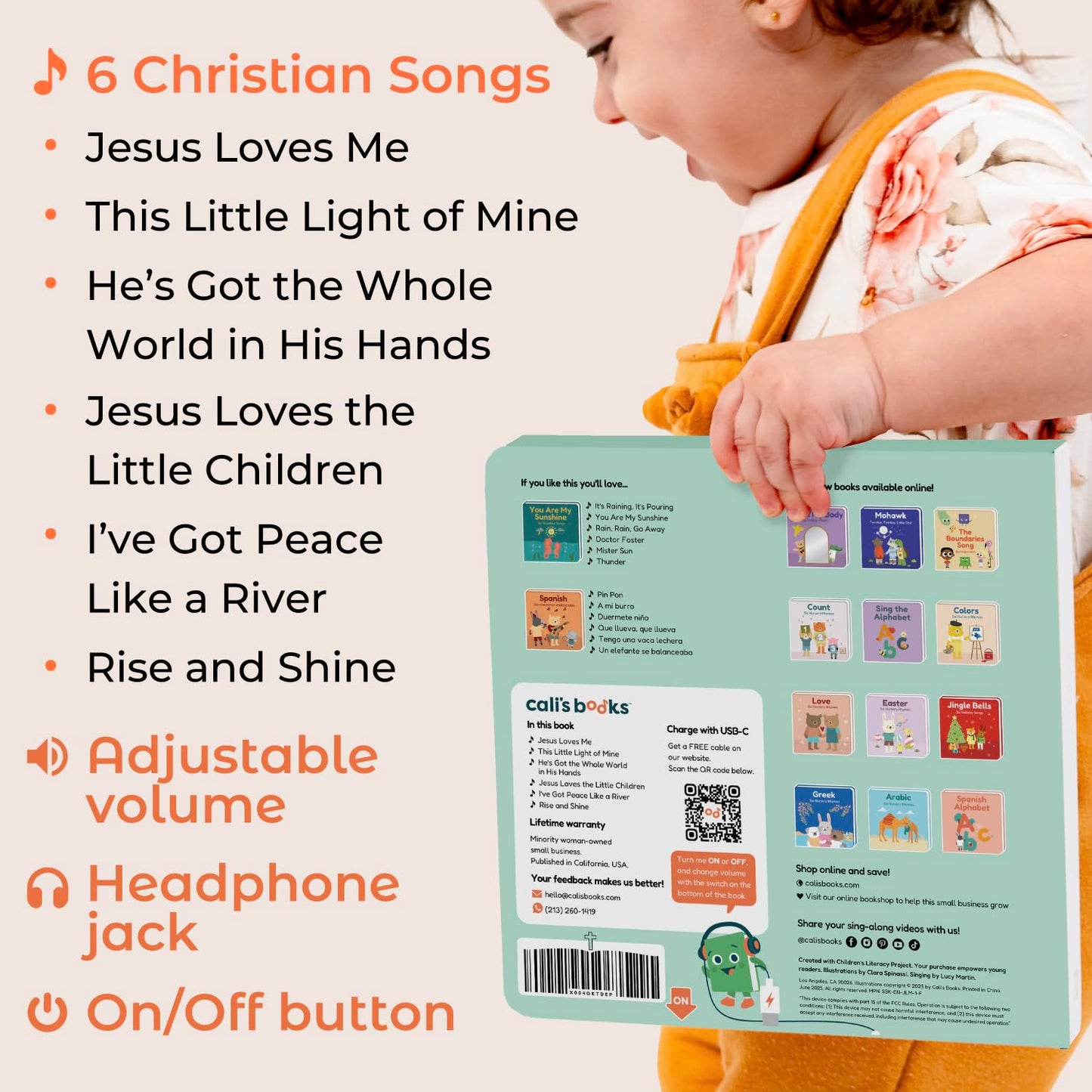 Cali's Books Jesus Loves Me Music Book for Toddlers 1-3 | Christian Musical Toy with USB-C Rechargeable Sound Book