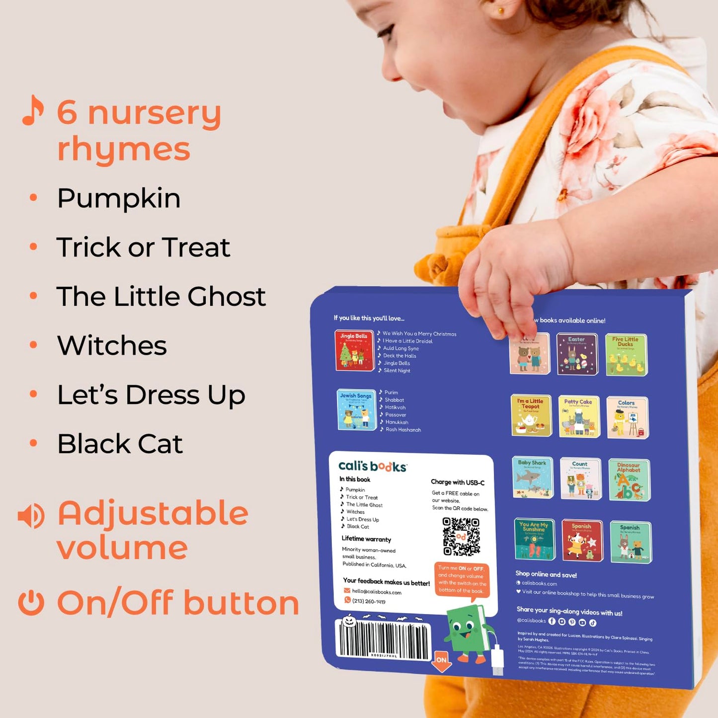 Cali's Books Halloween Glow-in-the-Dark Musical Book for Toddlers 1-3 – USB-C Rechargeable Nursery Rhymes
