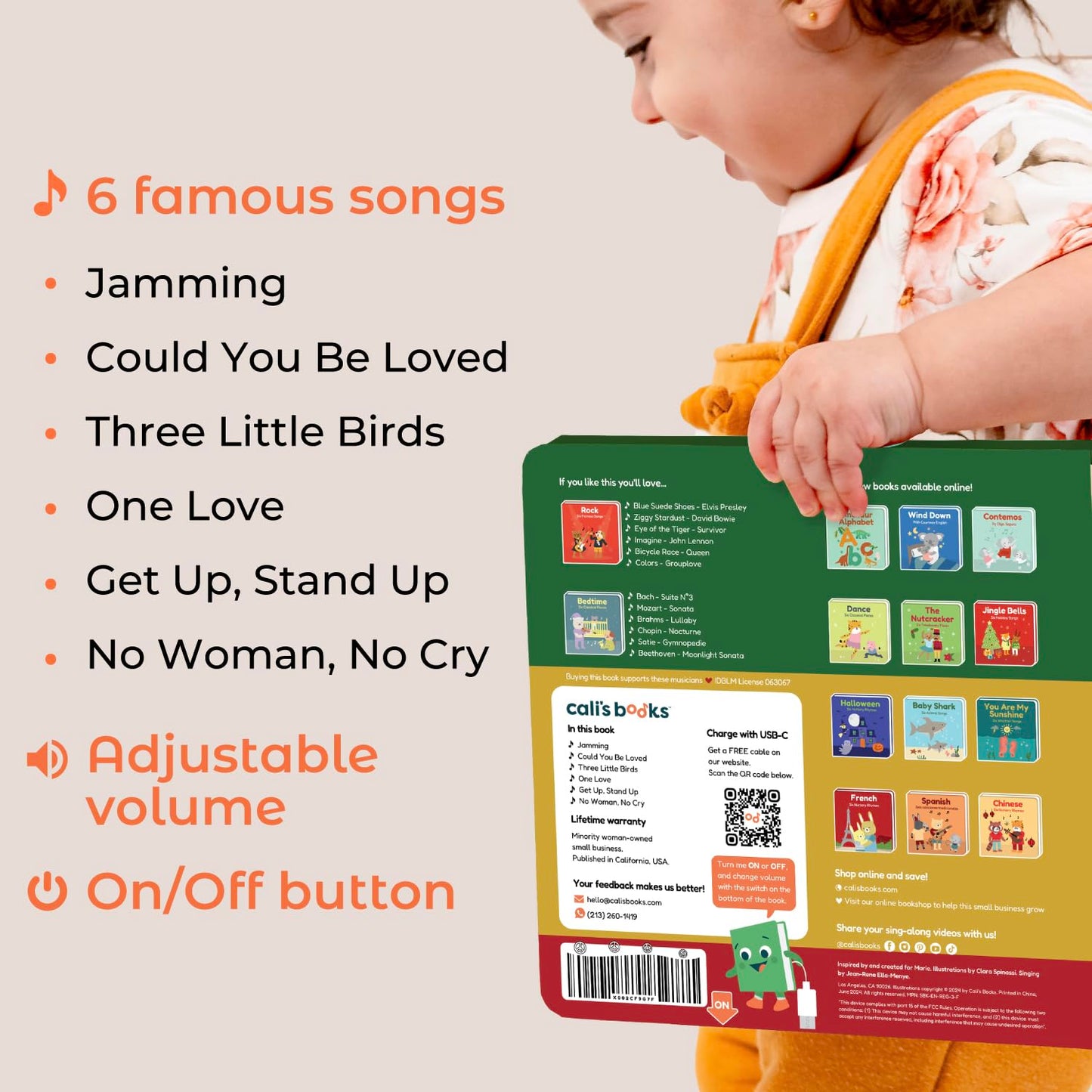 Cali's Books Reggae Musical Book for Toddlers 1-3 – Bob Marley Classics, USB-C Rechargeable