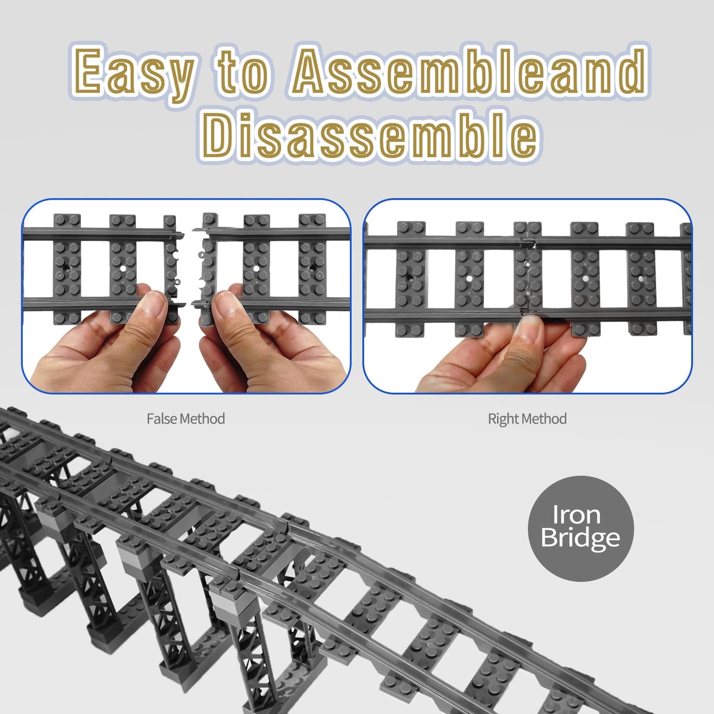 CALMDR 202 Pcs City Train Tracks Set — Compatible with Lego, Uphill/Downhill Bridge (6+)