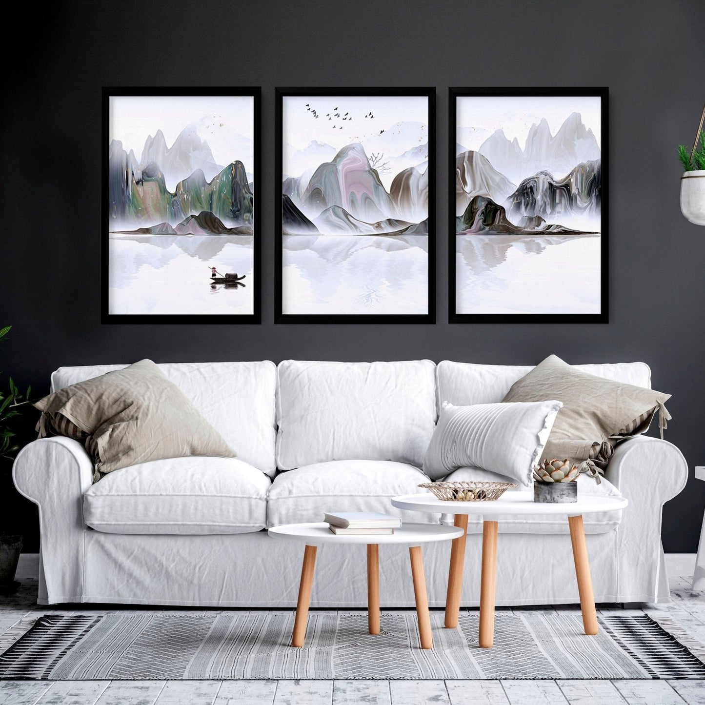 Framed Art Work | Calming Set of 3 Living Room Prints