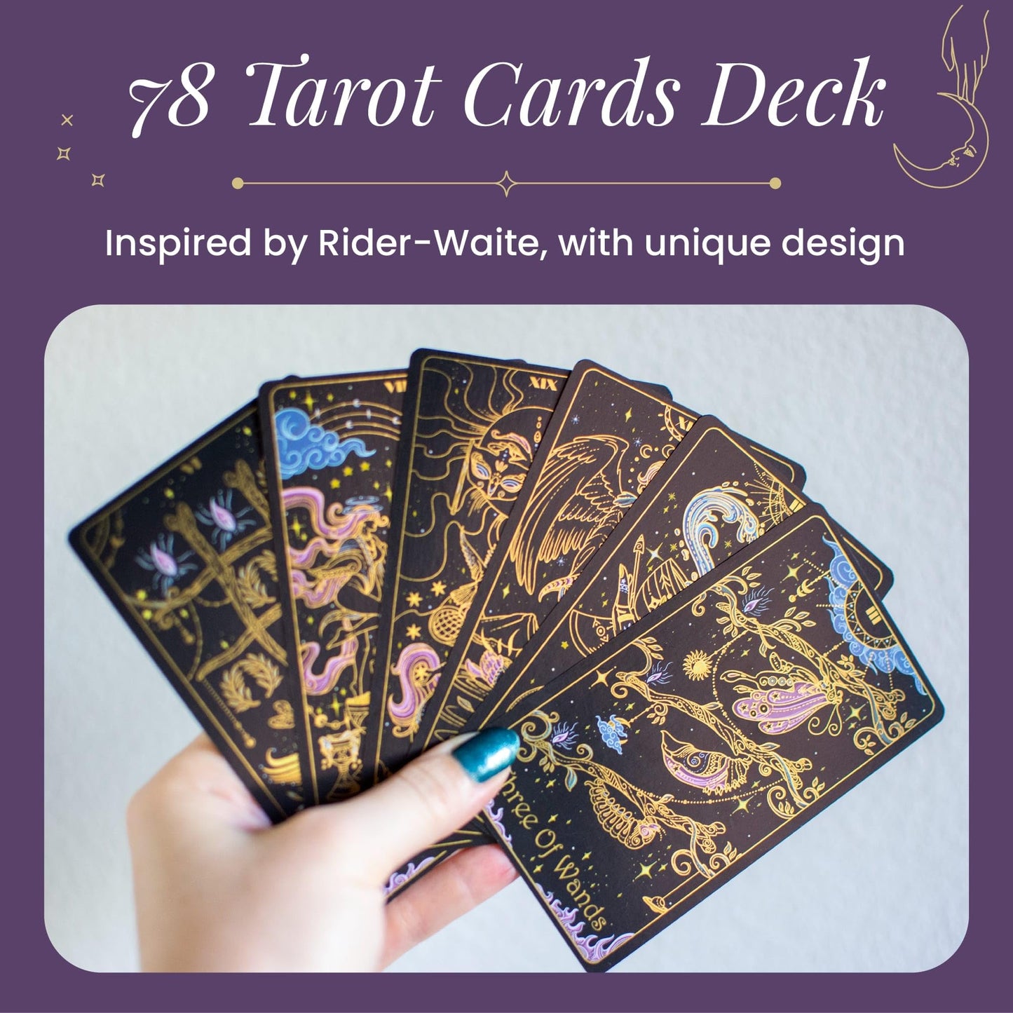 Calmoura Tridevia Tarot Cards with Guide Book — 78 Cards, Rider-Waite Inspired, Gilded Edges