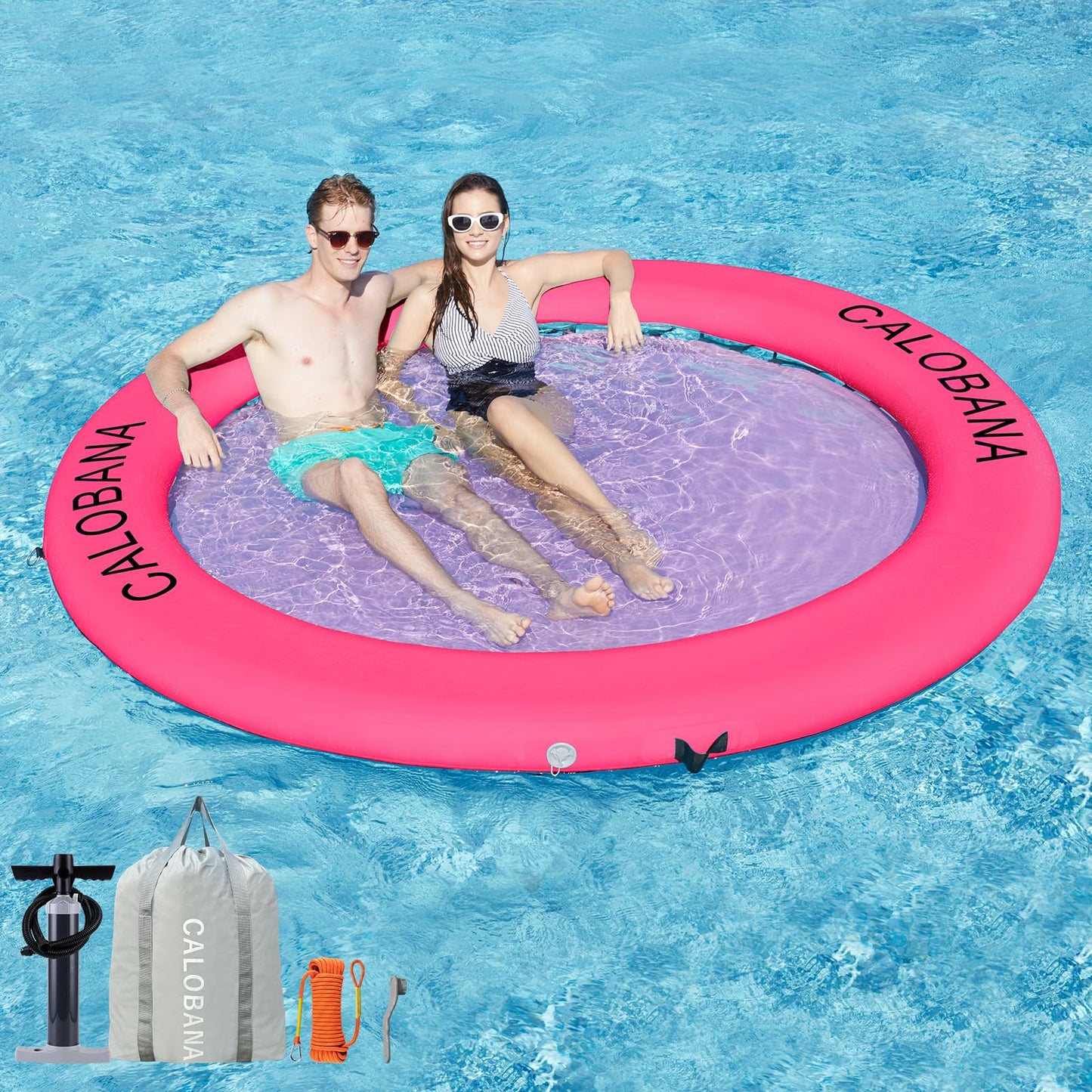 CALOBANA 8ft Round Inflatable Dock – Heavy Duty Water Hammock Ring Island (Pink)