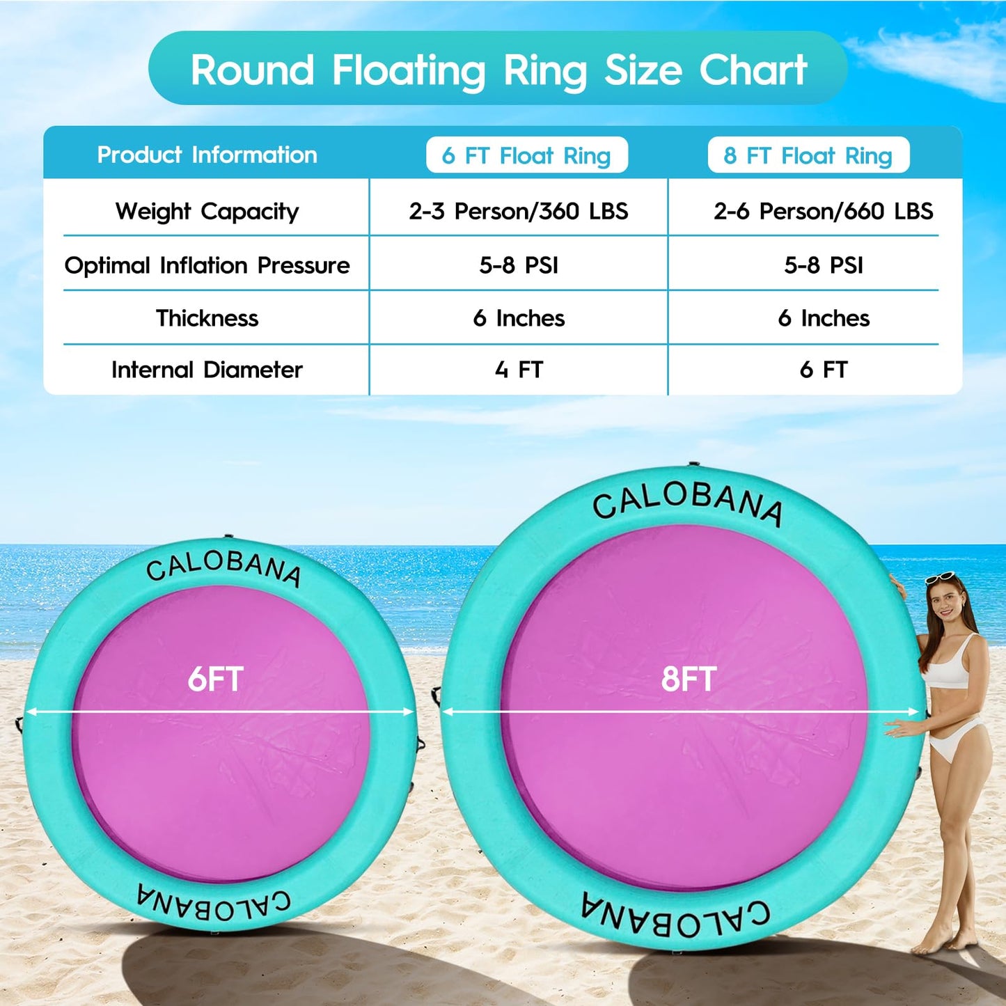 CALOBANA 6ft Heavy Duty Inflatable Water Hammock – Round Island Pool Lounger (Mint Green & Pink)