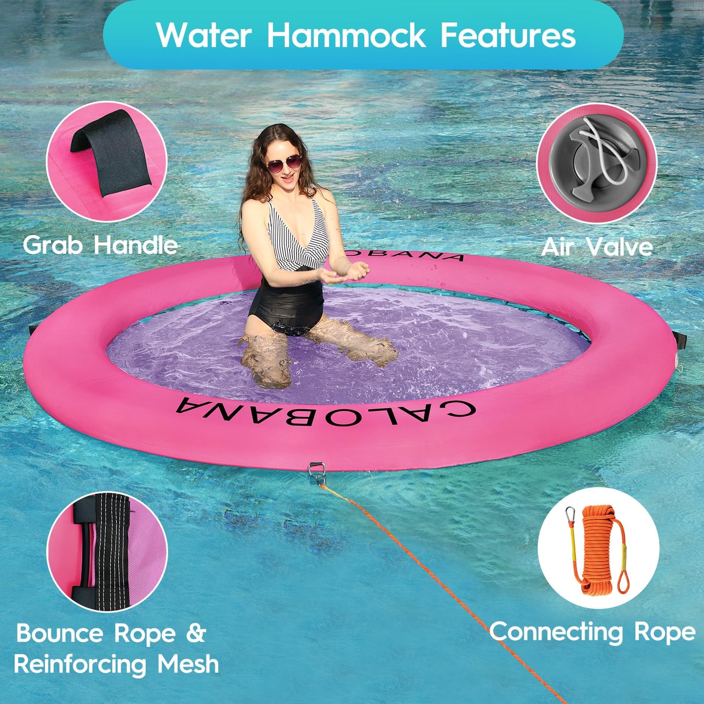 CALOBANA 8ft Round Inflatable Dock – Heavy Duty Water Hammock Ring Island (Pink)