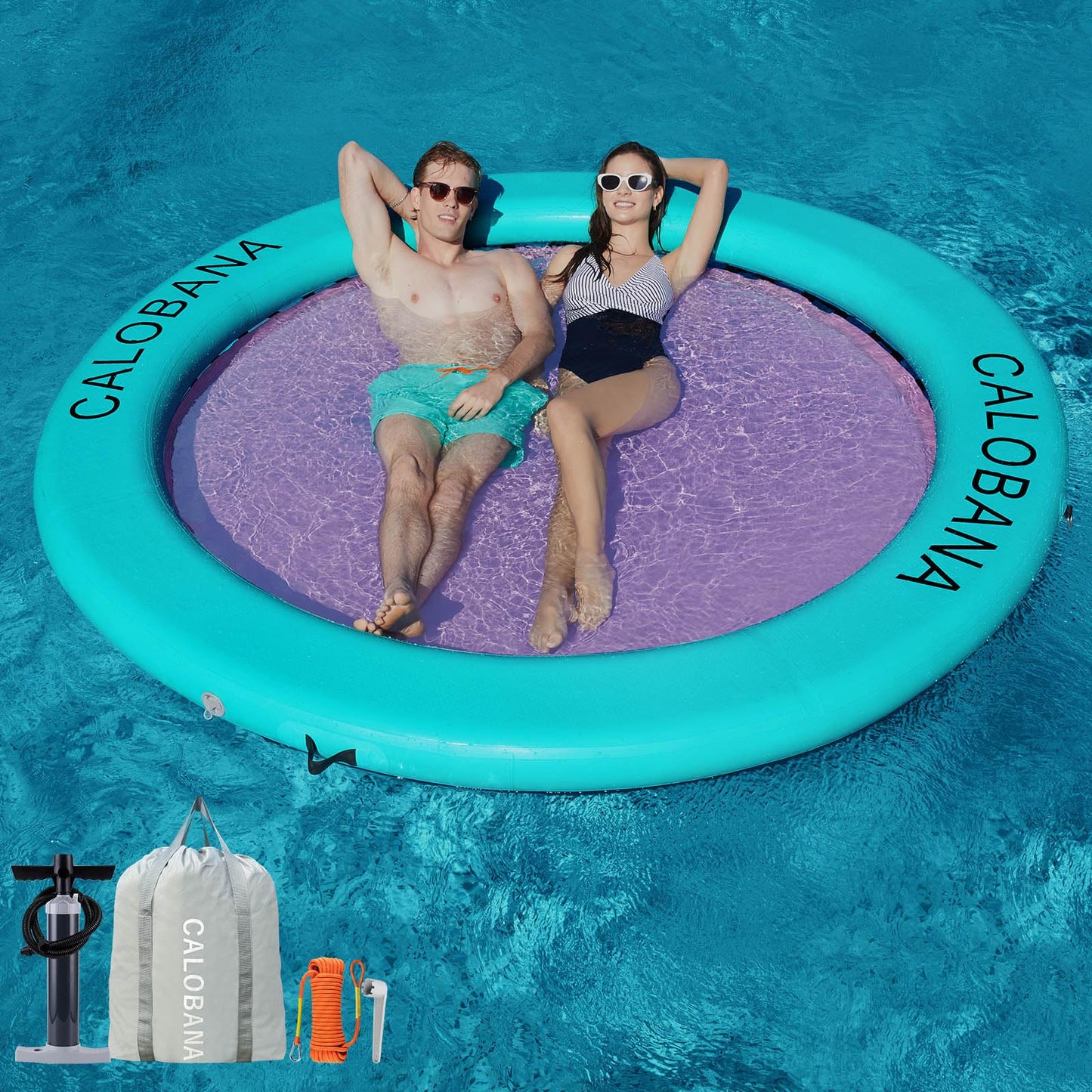 CALOBANA 6ft Heavy Duty Inflatable Water Hammock – Round Island Pool Lounger (Mint Green & Pink)