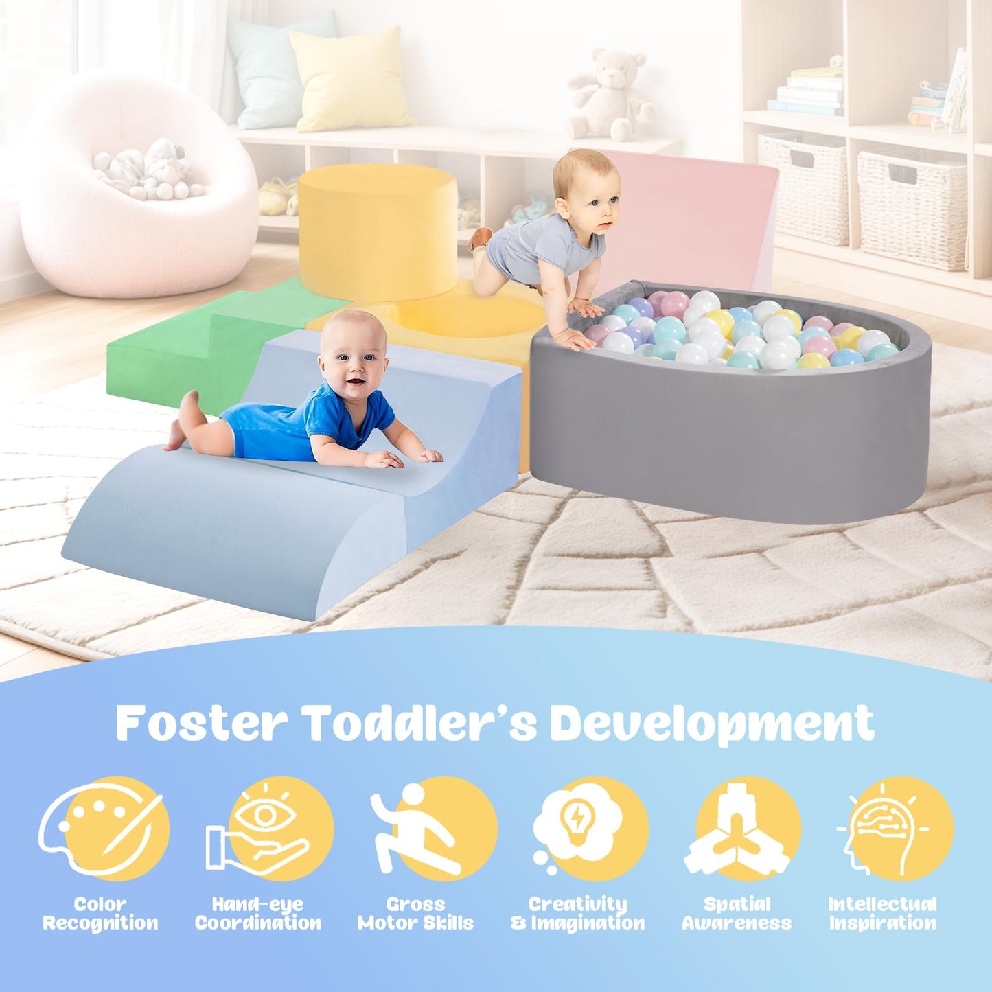 CAMELUS Climbing Toys for Toddlers – 6-Piece Foam Blocks with Ball Pit