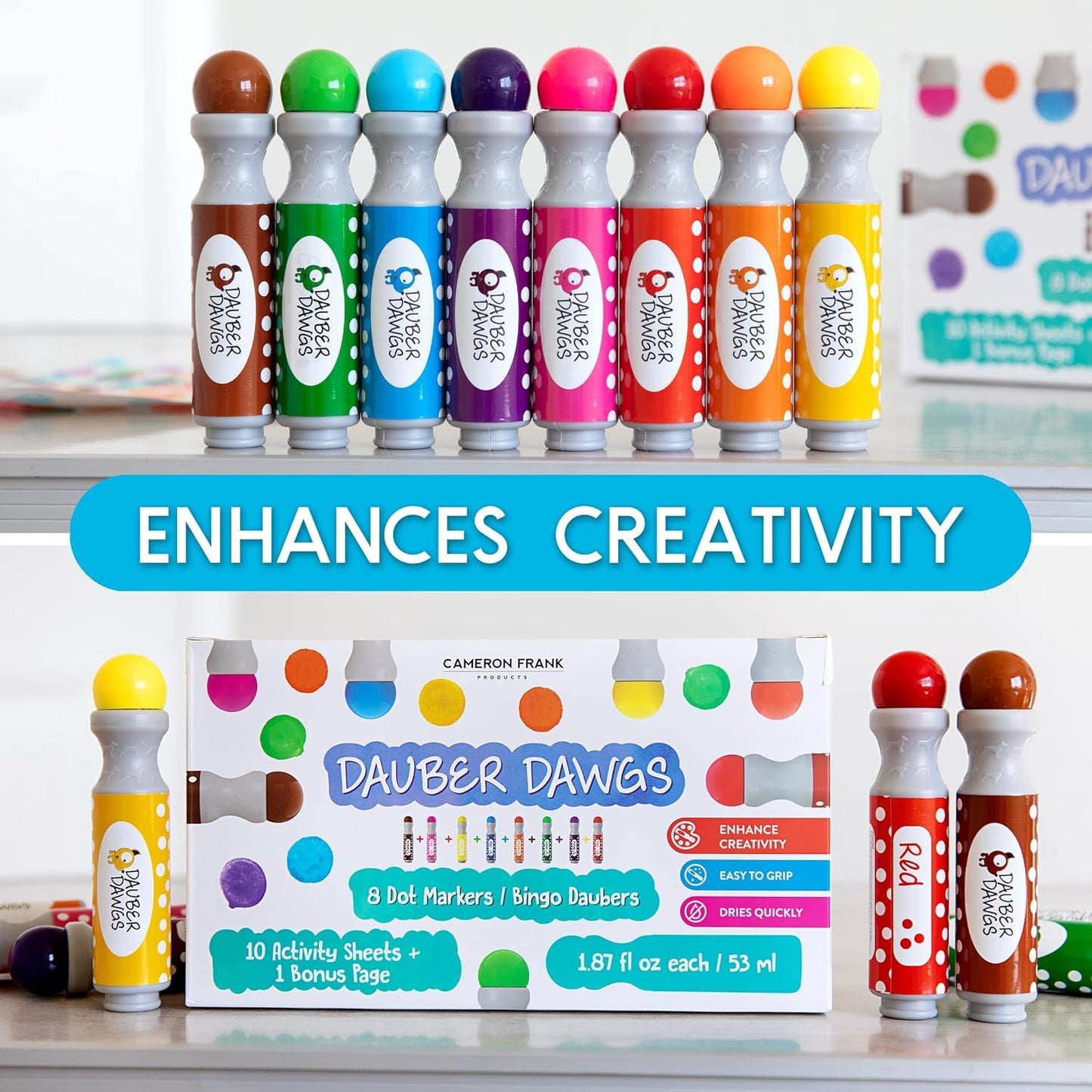Cameron Frank 16 Washable Dauber Dawgs Dot Markers for Toddlers + Free PDF Activity Books