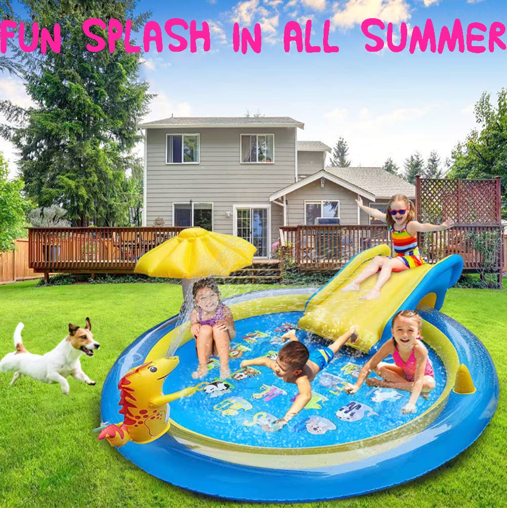 CAMIRUS Dinosaur Inflatable Play Center – 87x75x31.5 in Kids’ Sprinkler Pool with Slide